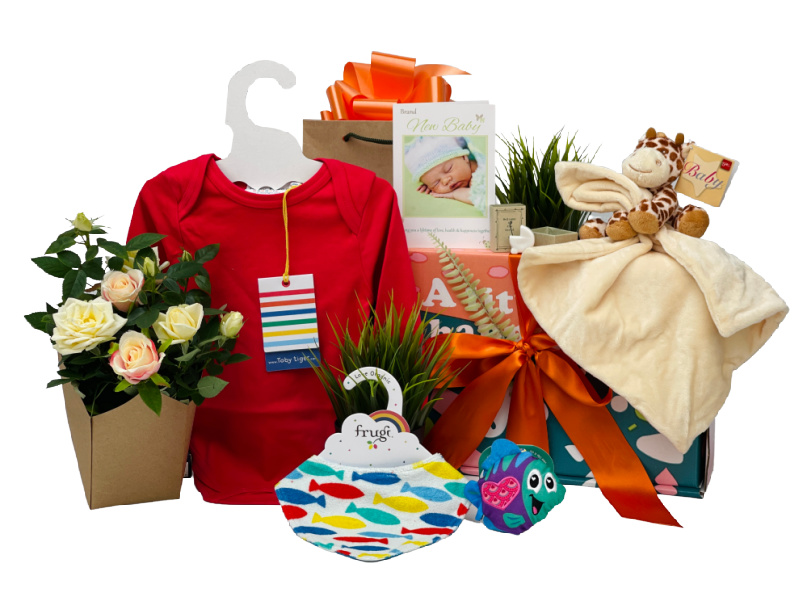 Neutral Baby Gift Box With Flowers