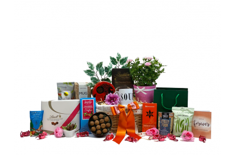 Anniversary flowers and Treats Gift Basket